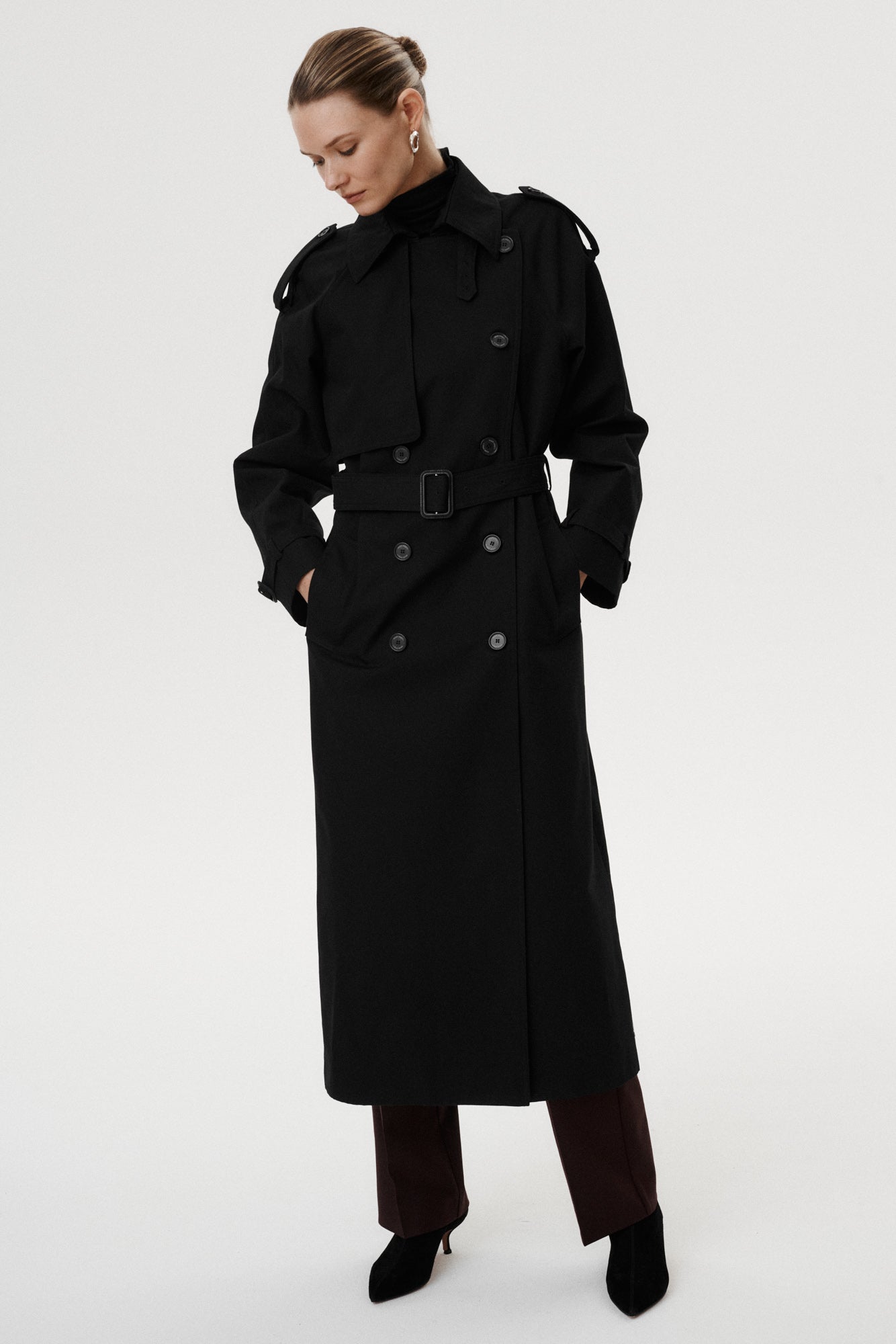 Chiara long black cotton trench coat with belt – MARI PRETI