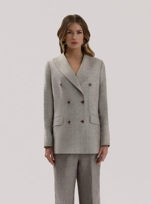 Brown double-breasted jacket with six buttons made of a blend of linen and wool