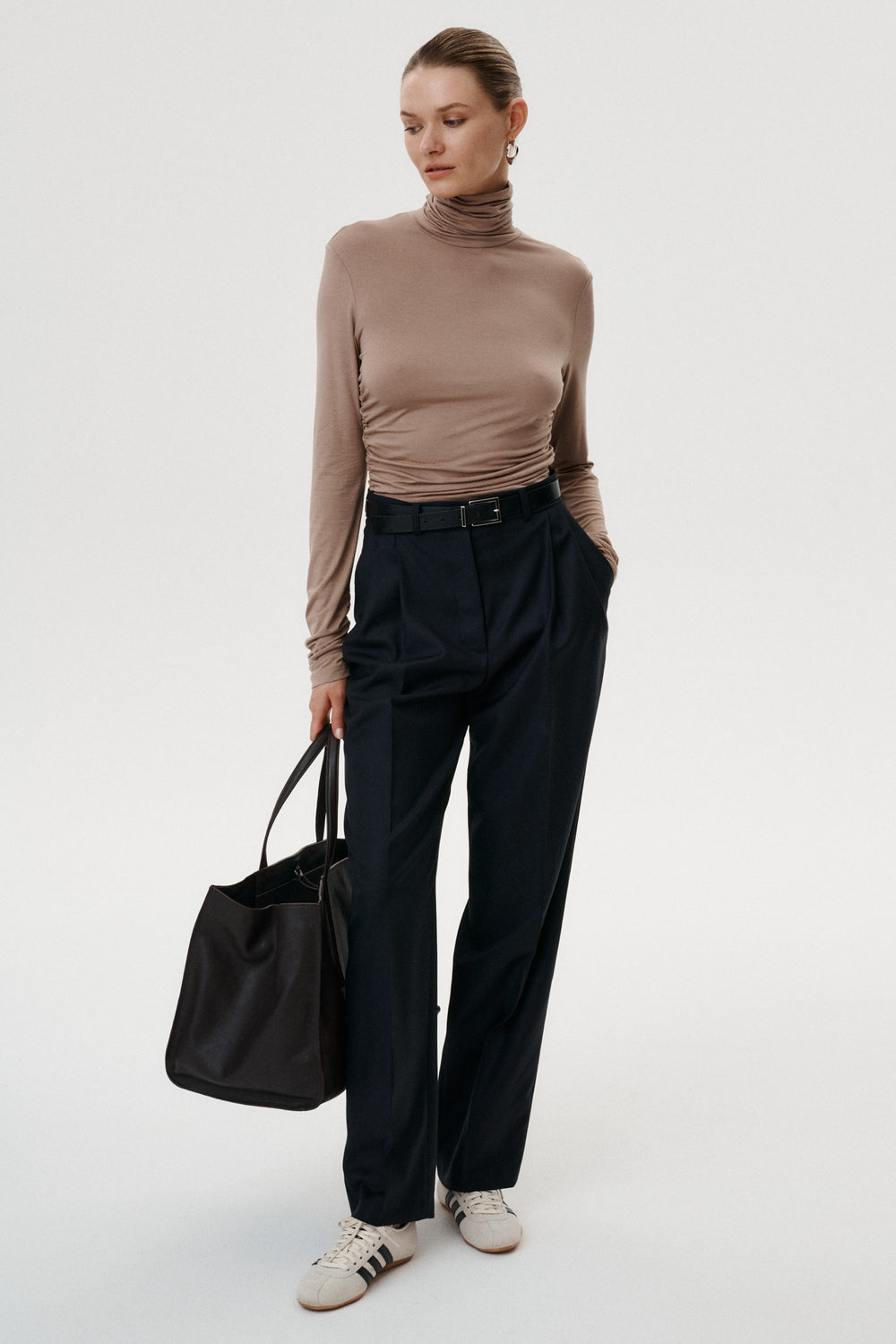 Black Cavalier Wool Wide Leg Trousers with Pleats