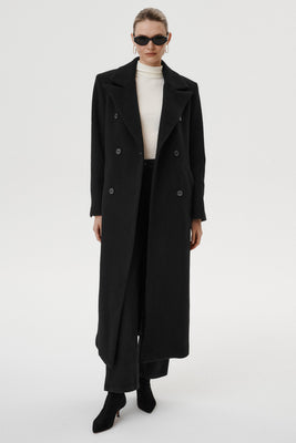 Czarny wełniany dwurzędowy płaszcz Caldessa