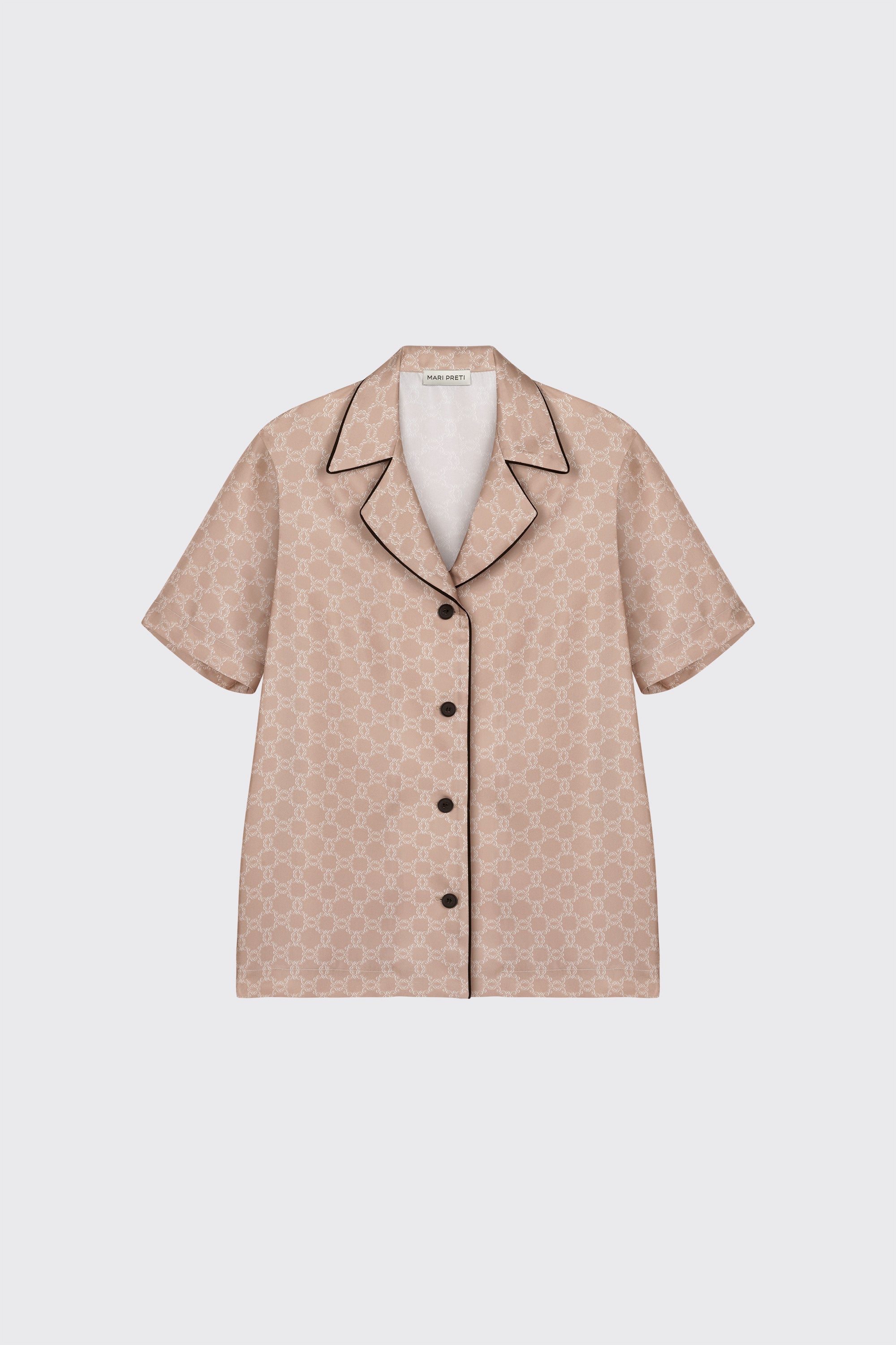 BEŻOWA JEDWABNA BLUZKA Z KRÓTKIM REKAWEM MONOGRAM M