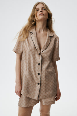 Beige silk blouse with short sleeves MONOGRAM-M