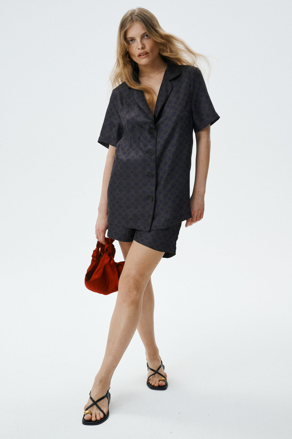 Brown silk blouse with short sleeves MONOGRAM-M