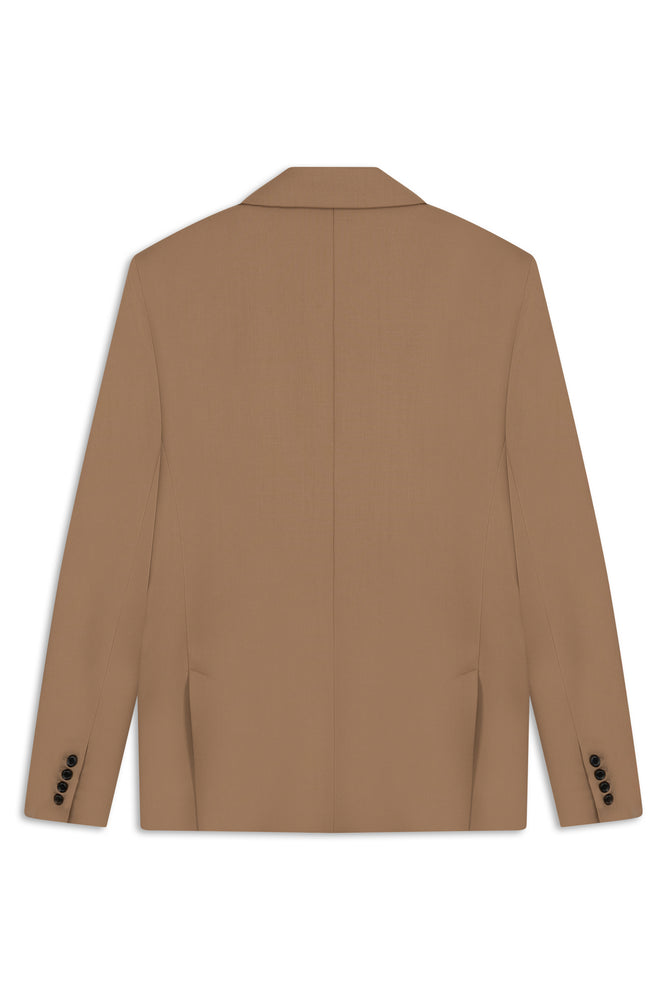 
                  
                    Camel wool double-breasted Sovana jacket with a wide collar and slightly oversized shoulders
                  
                