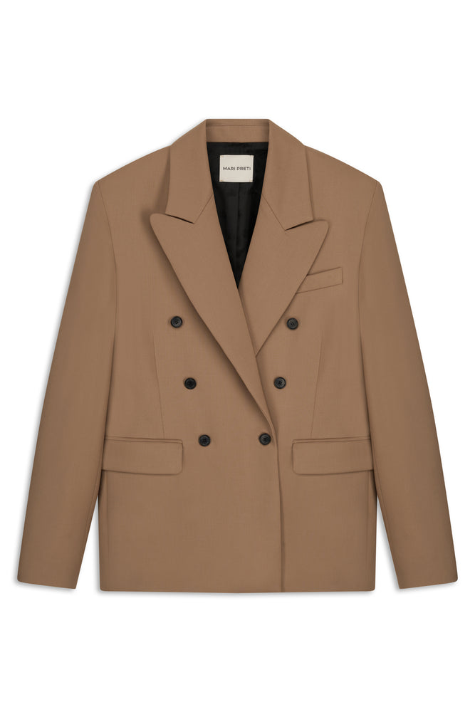 
                  
                    Camel wool double-breasted Sovana jacket with a wide collar and slightly oversized shoulders
                  
                