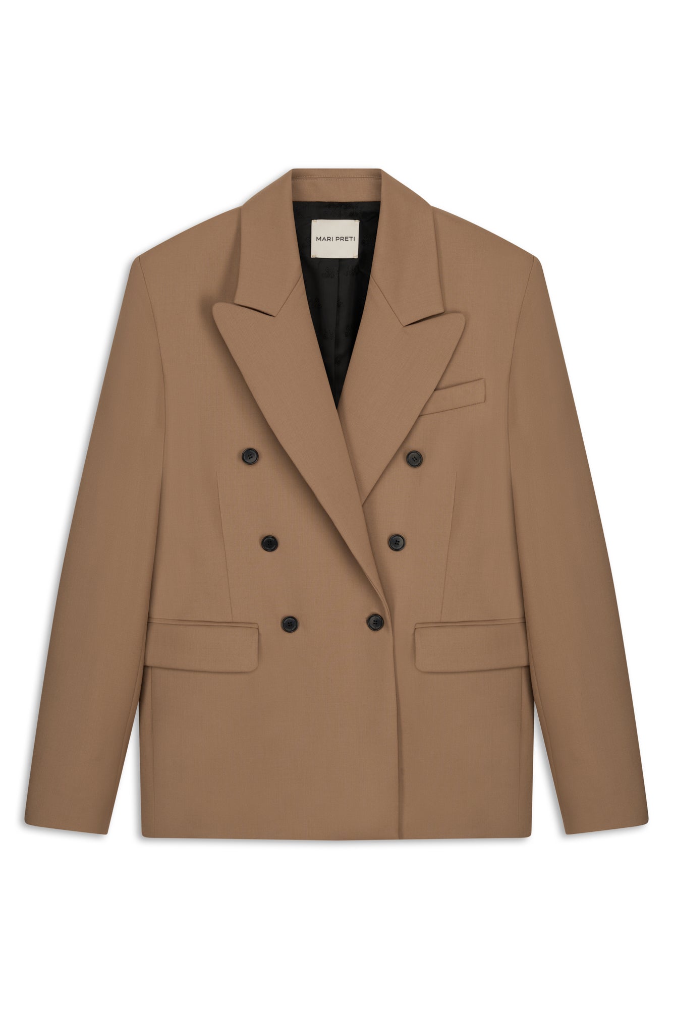 
                  
                    Camel wool double-breasted Sovana jacket with a wide collar and slightly oversized shoulders
                  
                