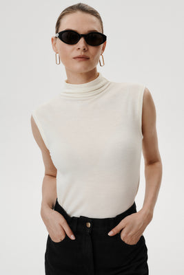Cream Sottile Merino Wool Turtleneck Top
