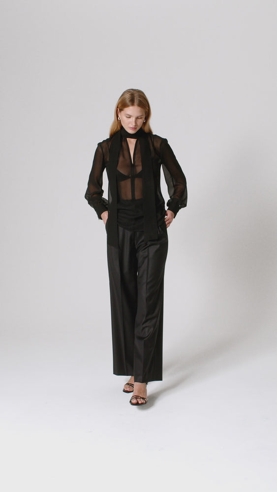 
                  
                    Load and play video in Gallery viewer, Black Silk Transparent Mist Blouse with Sash
                  
                